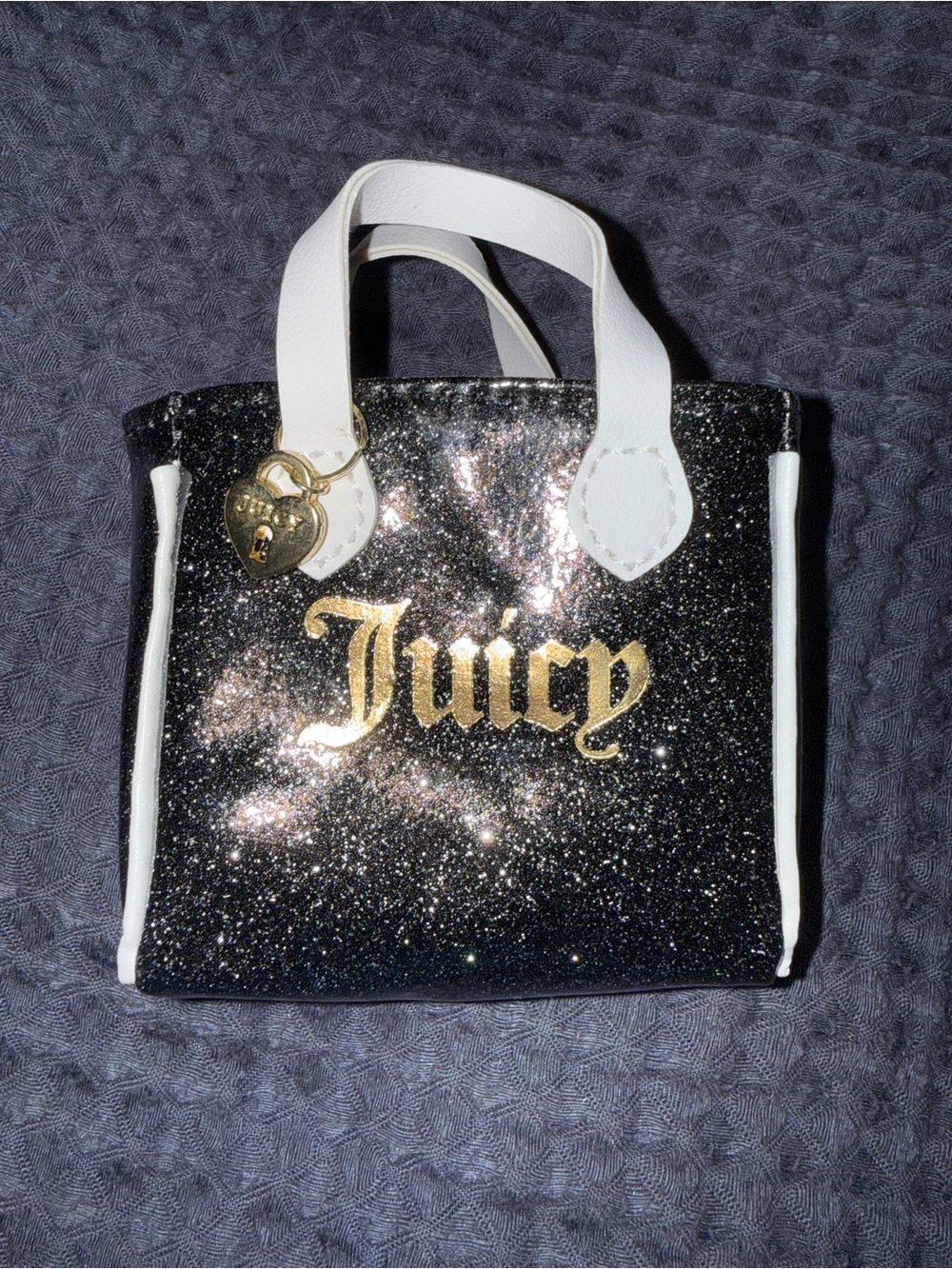 Juicy Couture Black Glitter Mini Tote with White Handles and Gold Logo